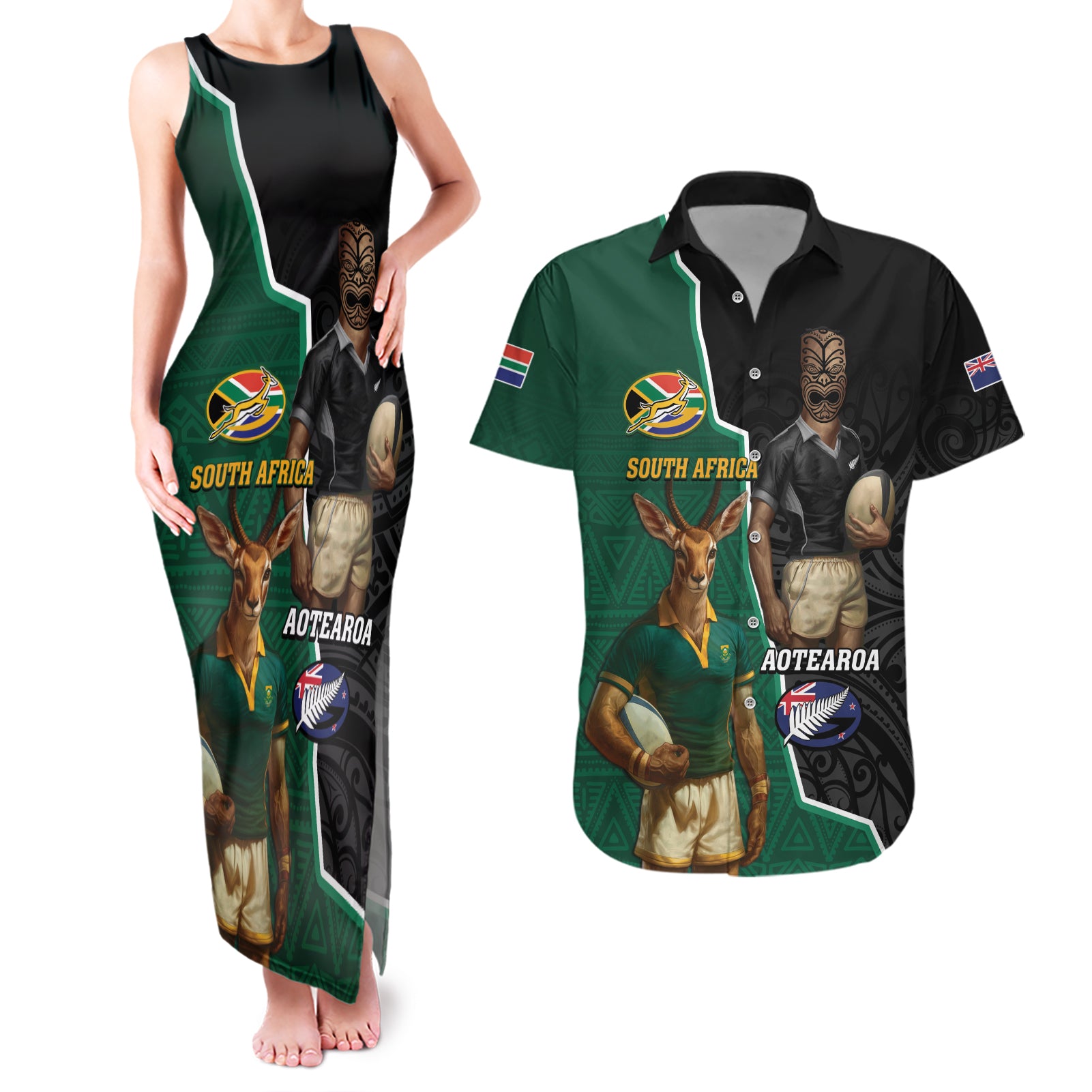 Personalised New Zealand And South Africa Rugby Couples Matching Tank Maxi Dress and Hawaiian Shirt 2024 All Black Springboks Mascots Together