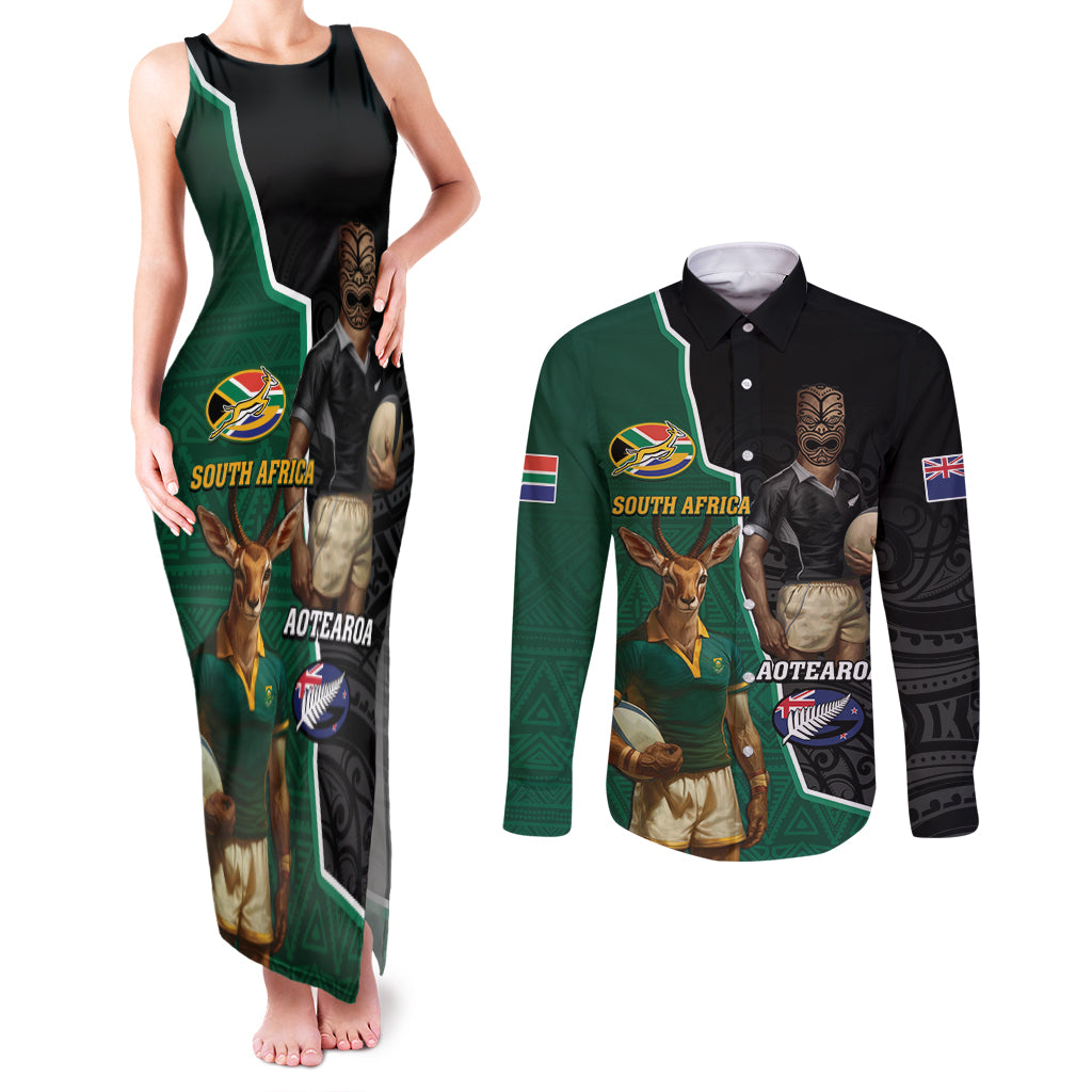 Personalised New Zealand And South Africa Rugby Couples Matching Tank Maxi Dress and Long Sleeve Button Shirt 2024 All Black Springboks Mascots Together