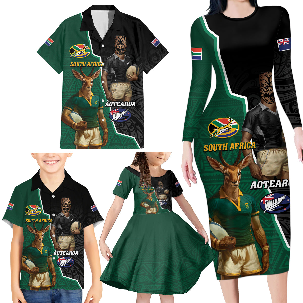 Personalised New Zealand And South Africa Rugby Family Matching Long Sleeve Bodycon Dress and Hawaiian Shirt 2024 All Black Springboks Mascots Together