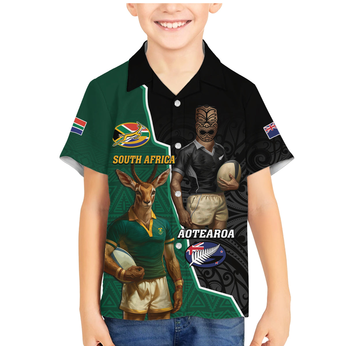 Personalised New Zealand And South Africa Rugby Family Matching Mermaid Dress and Hawaiian Shirt 2024 All Black Springboks Mascots Together
