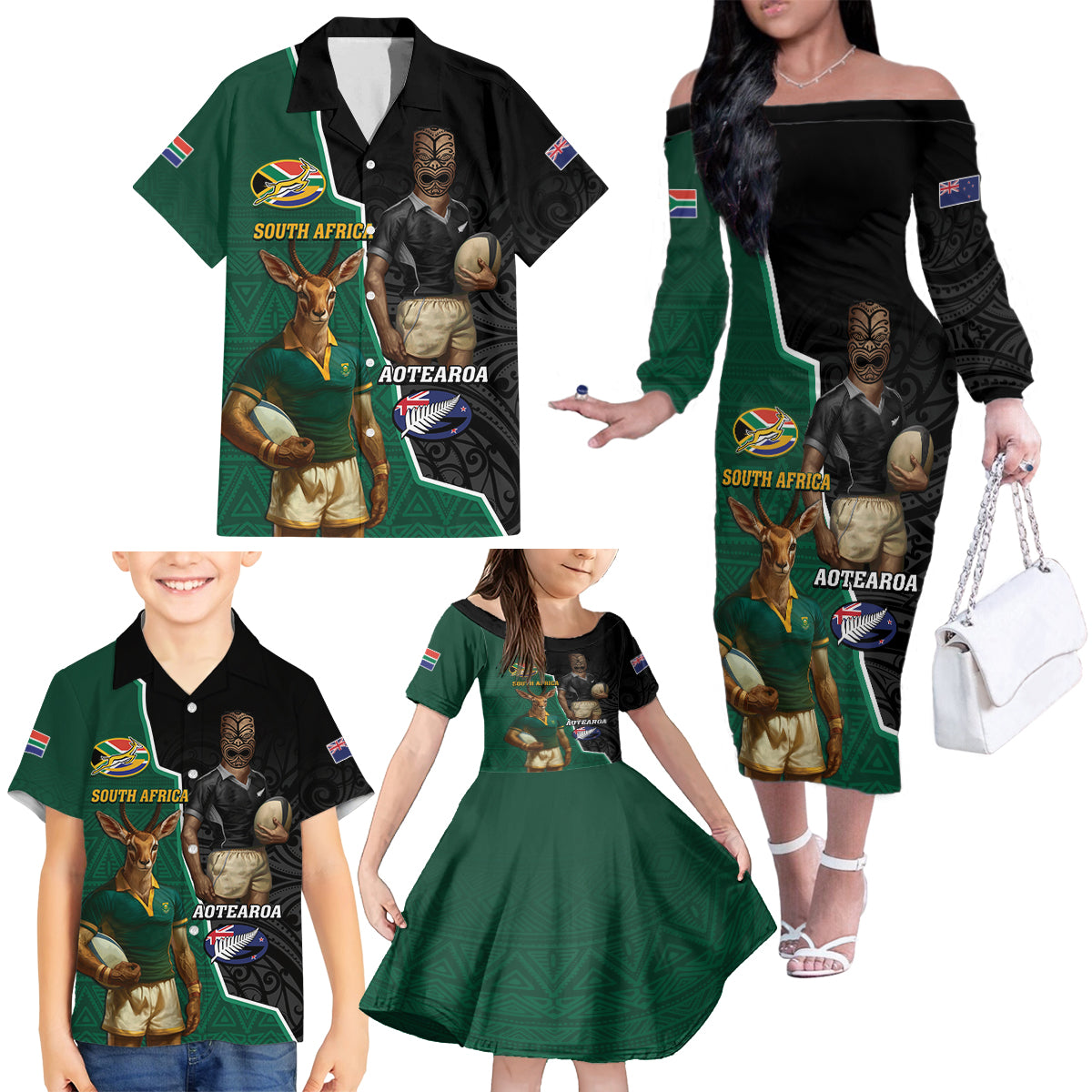 Personalised New Zealand And South Africa Rugby Family Matching Off The Shoulder Long Sleeve Dress and Hawaiian Shirt 2024 All Black Springboks Mascots Together