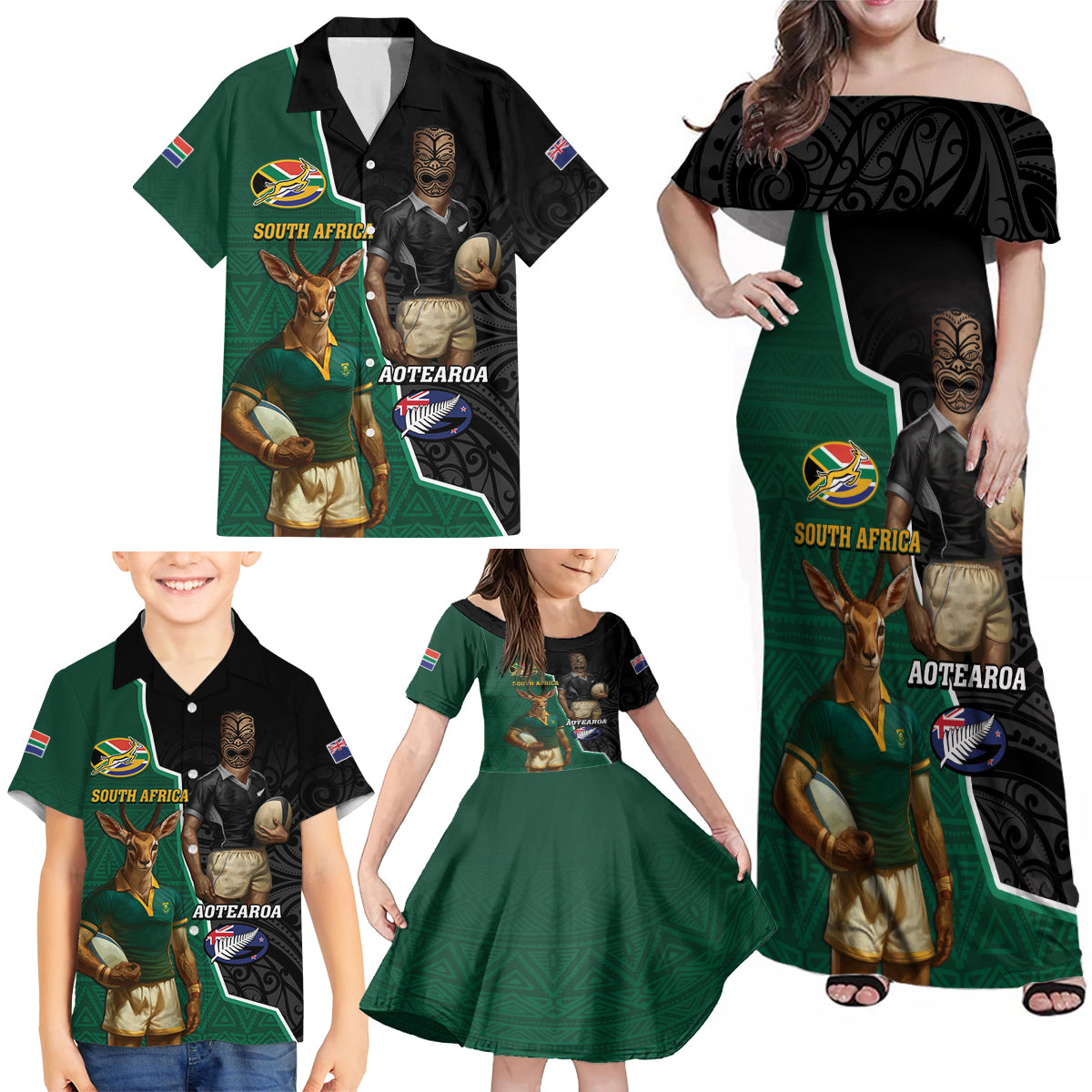 Personalised New Zealand And South Africa Rugby Family Matching Off Shoulder Maxi Dress and Hawaiian Shirt 2024 All Black Springboks Mascots Together