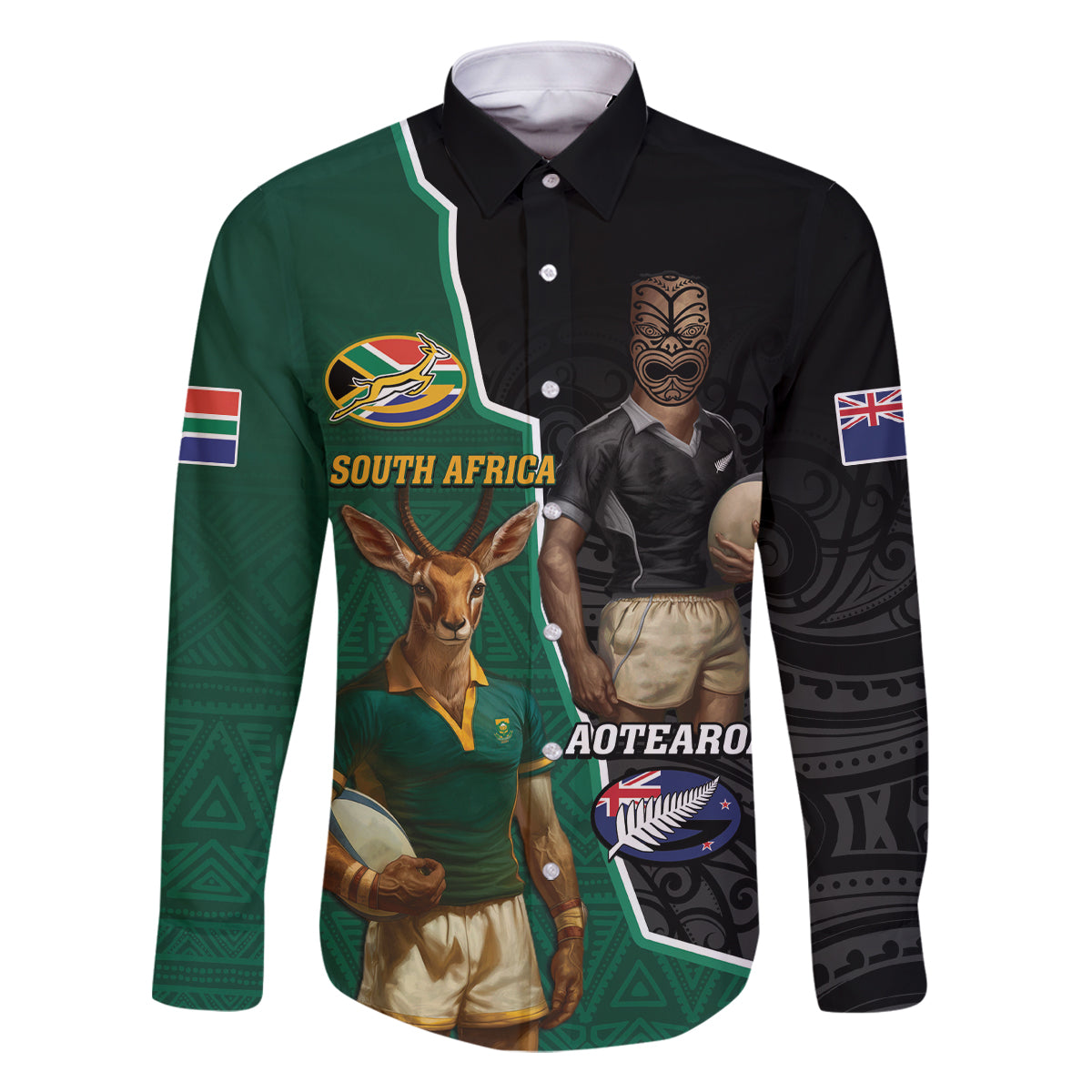 Personalised New Zealand And South Africa Rugby Family Matching Off Shoulder Maxi Dress and Hawaiian Shirt 2024 All Black Springboks Mascots Together