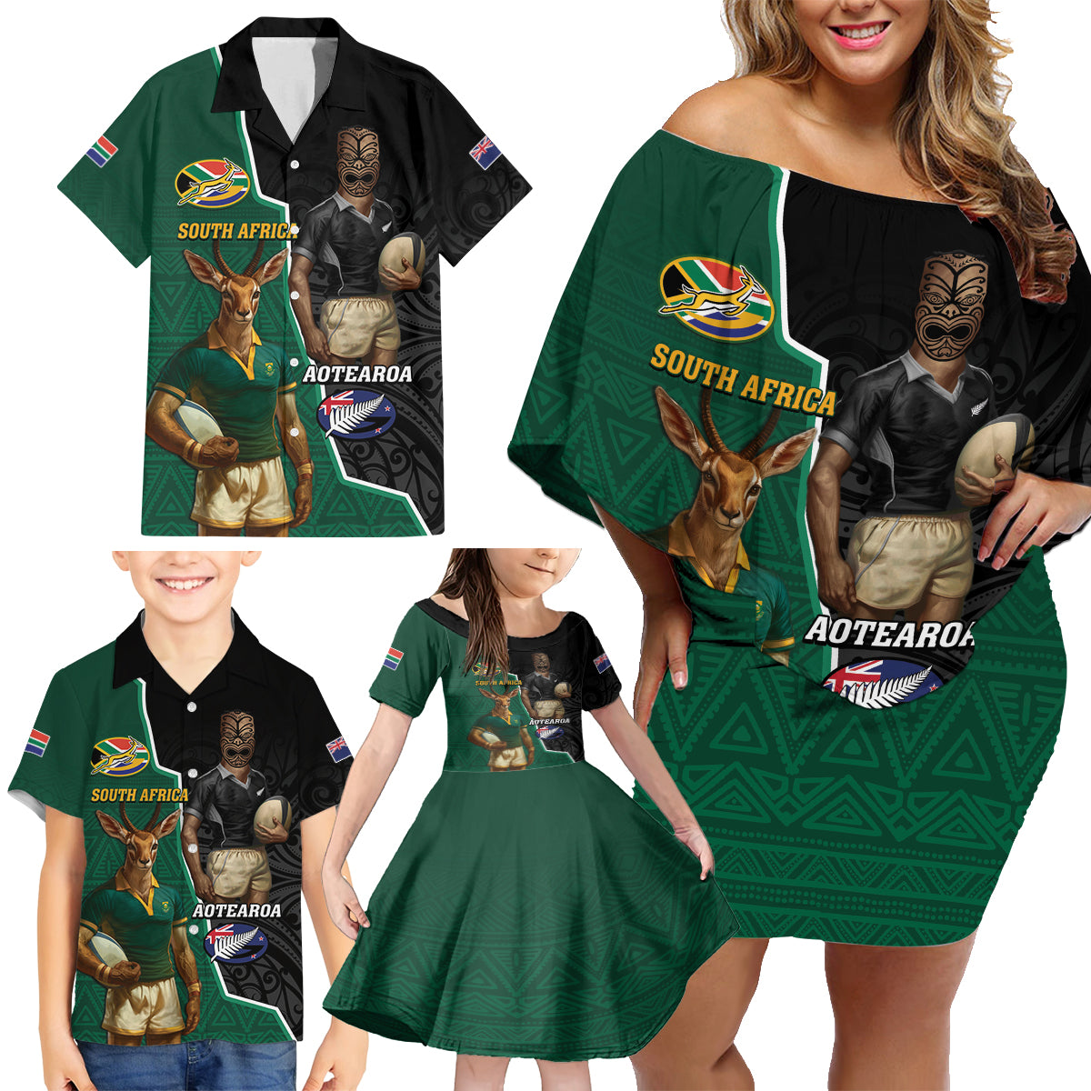 Personalised New Zealand And South Africa Rugby Family Matching Off Shoulder Short Dress and Hawaiian Shirt 2024 All Black Springboks Mascots Together