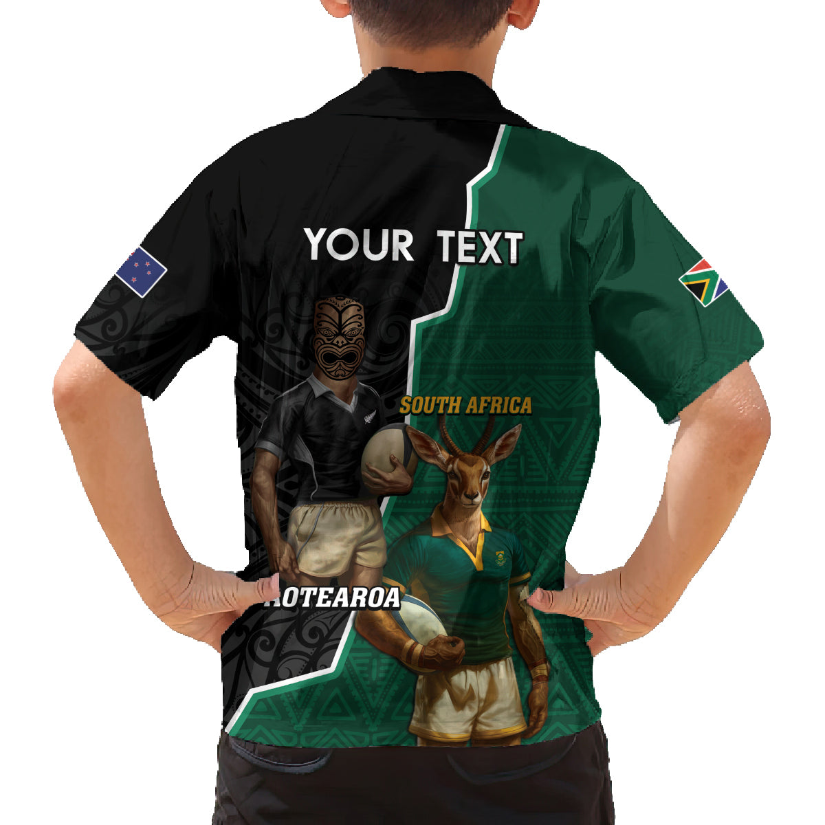 Personalised New Zealand And South Africa Rugby Family Matching Puletasi and Hawaiian Shirt 2024 All Black Springboks Mascots Together