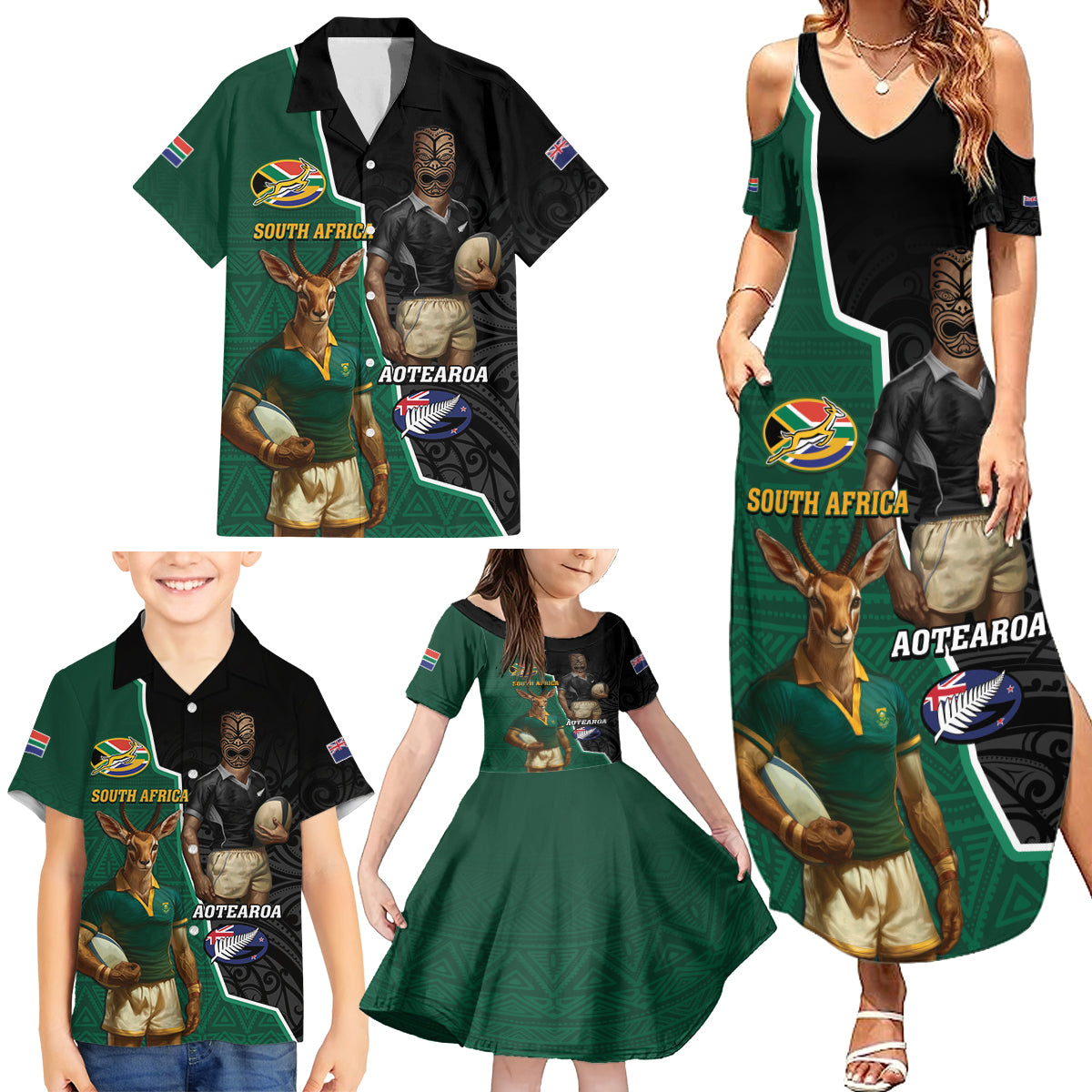 Personalised New Zealand And South Africa Rugby Family Matching Summer Maxi Dress and Hawaiian Shirt 2024 All Black Springboks Mascots Together