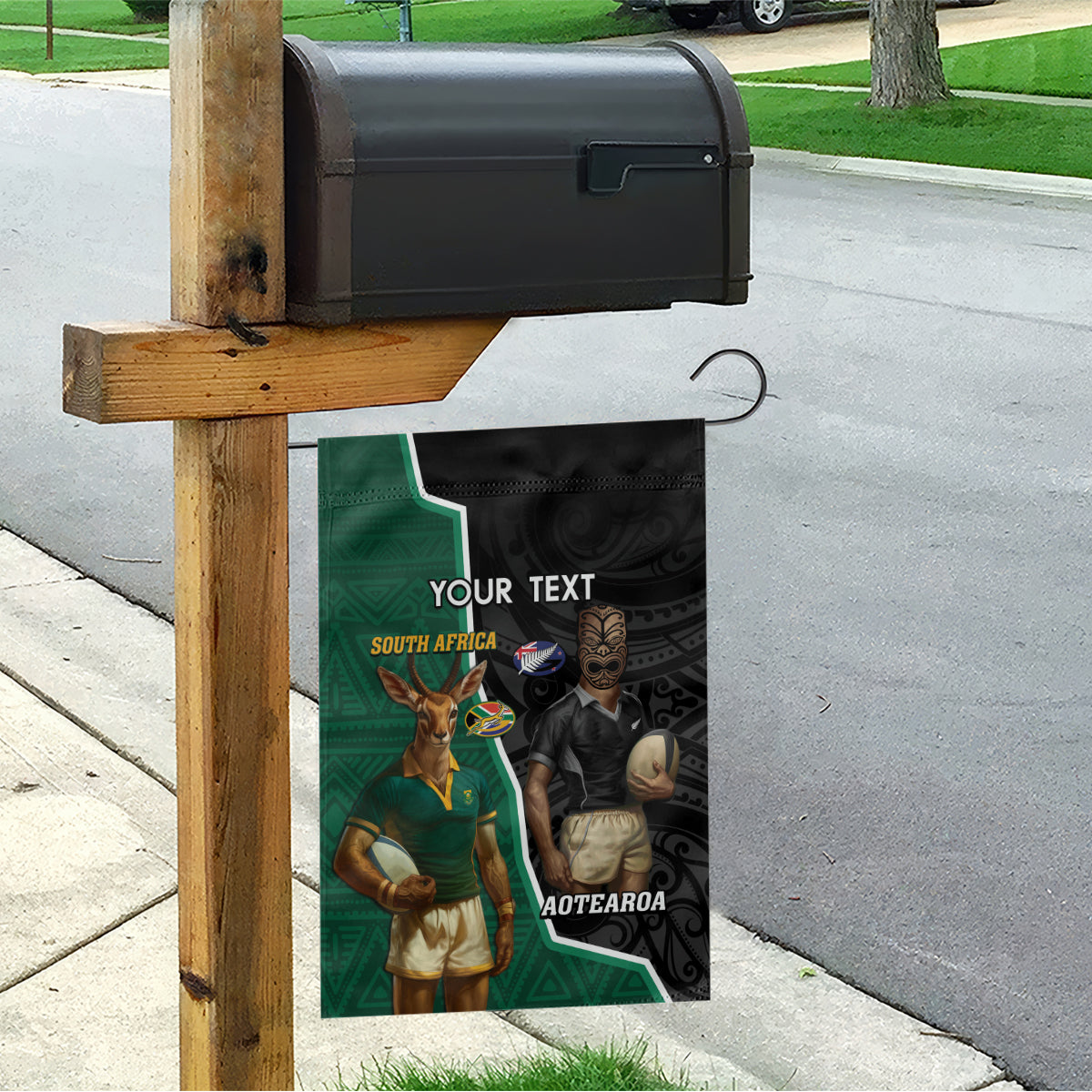 Personalised New Zealand And South Africa Rugby Garden Flag 2024 All Black Springboks Mascots Together