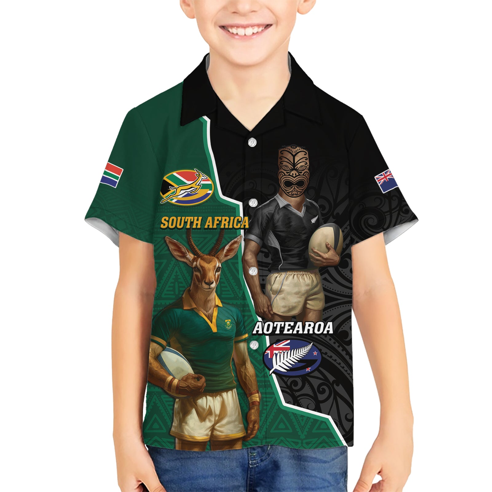 Personalised New Zealand And South Africa Rugby Kid Hawaiian Shirt 2024 All Black Springboks Mascots Together