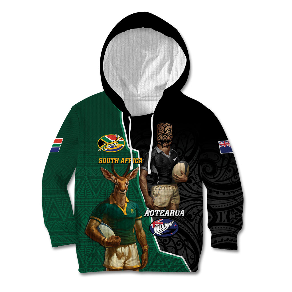 Personalised New Zealand And South Africa Rugby Kid Hoodie 2024 All Black Springboks Mascots Together