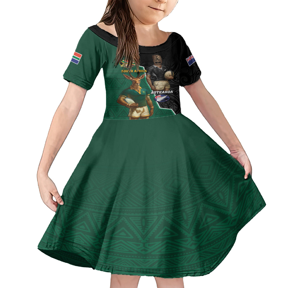 Personalised New Zealand And South Africa Rugby Kid Short Sleeve Dress 2024 All Black Springboks Mascots Together