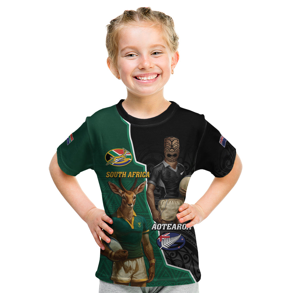 Personalised New Zealand And South Africa Rugby Kid T Shirt 2024 All Black Springboks Mascots Together