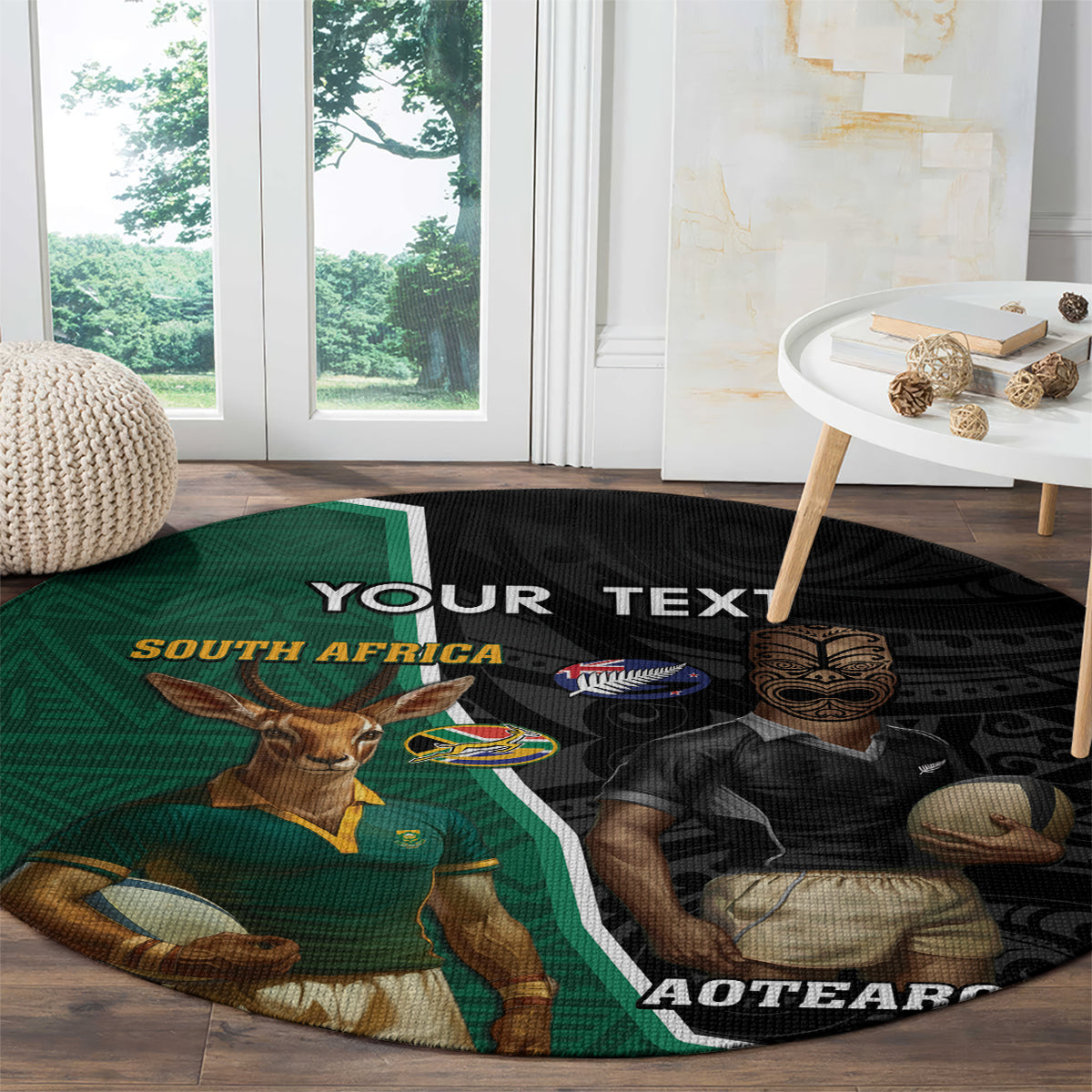 Personalised New Zealand And South Africa Rugby Round Carpet 2024 All Black Springboks Mascots Together