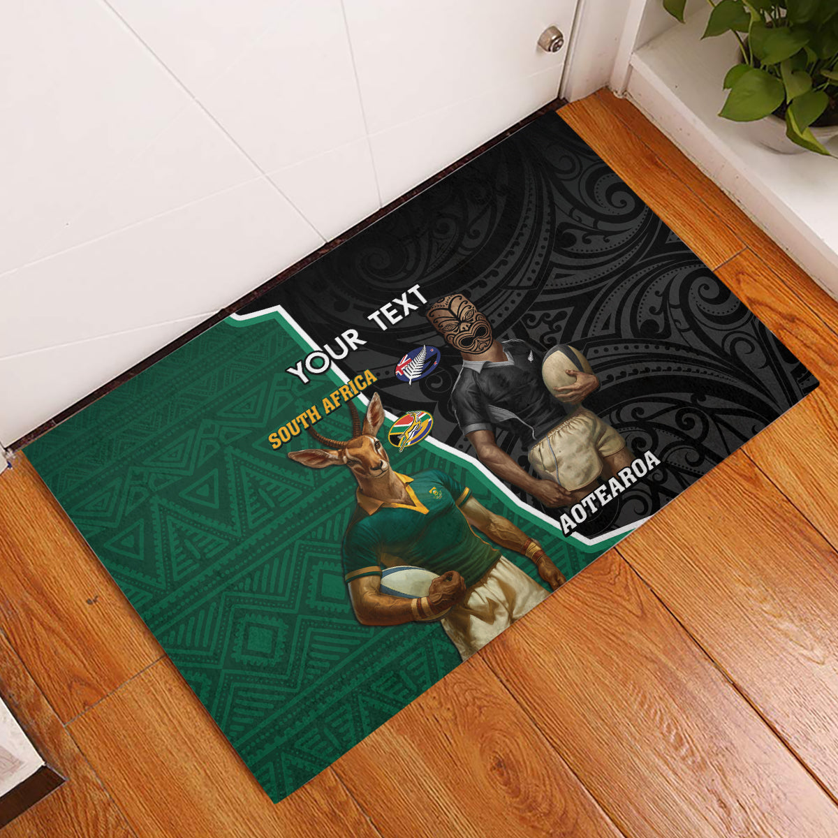 Personalised New Zealand And South Africa Rugby Rubber Doormat 2024 All Black Springboks Mascots Together