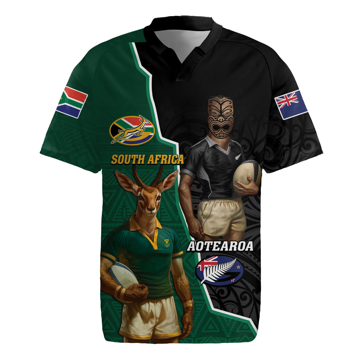 Personalised New Zealand And South Africa Rugby Rugby Jersey 2024 All Black Springboks Mascots Together