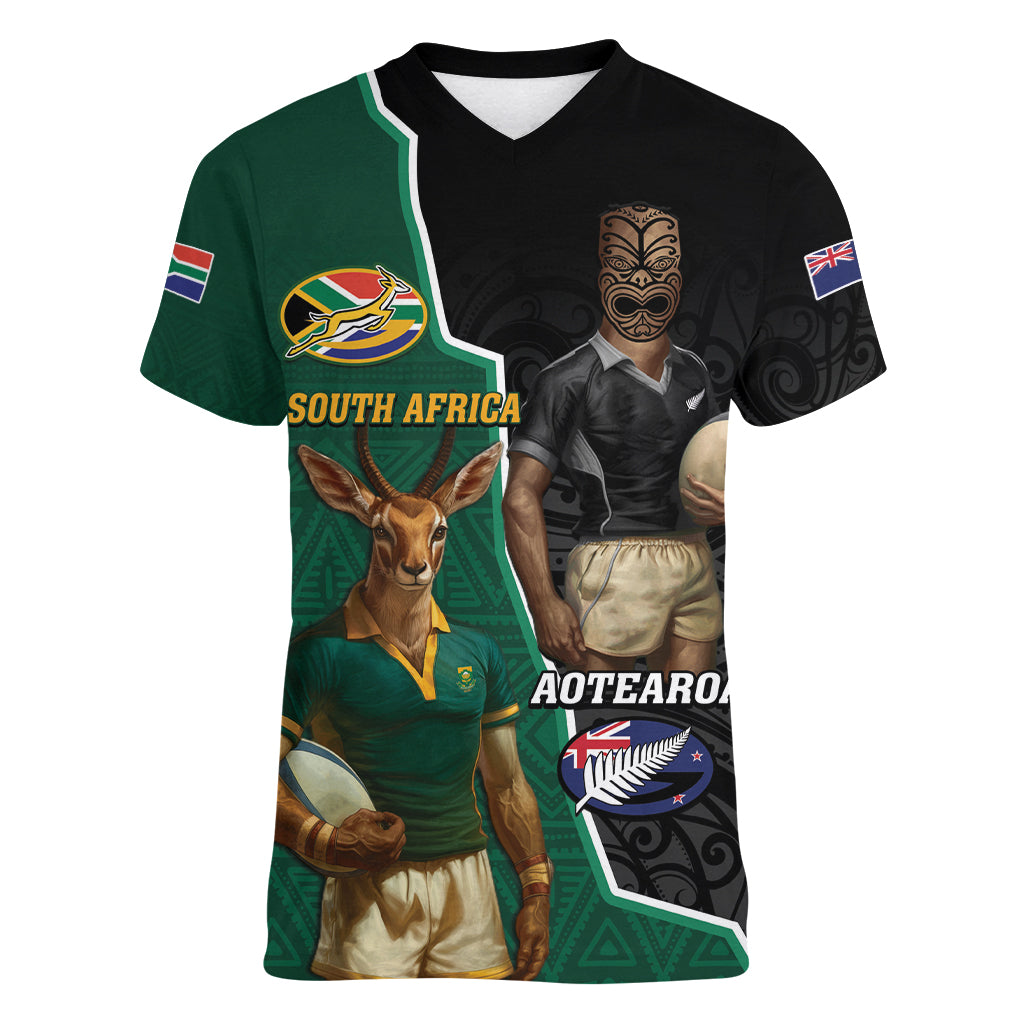 Personalised New Zealand And South Africa Rugby Women V-Neck T-Shirt 2024 All Black Springboks Mascots Together