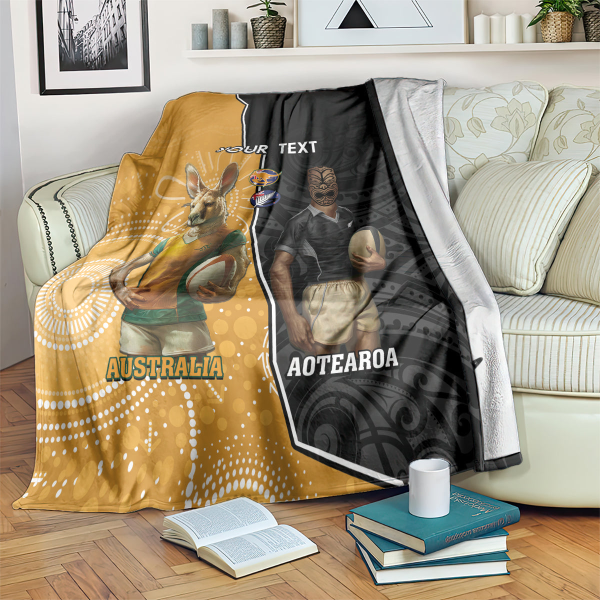 Personalised New Zealand And Australia Rugby Blanket 2024 All Black Wallabies Mascots Together