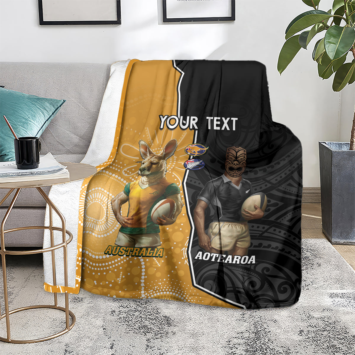 Personalised New Zealand And Australia Rugby Blanket 2024 All Black Wallabies Mascots Together