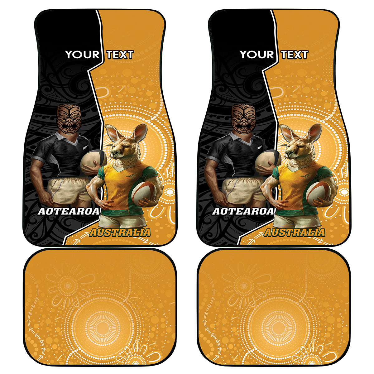 Personalised New Zealand And Australia Rugby Car Mats 2024 All Black Wallabies Mascots Together