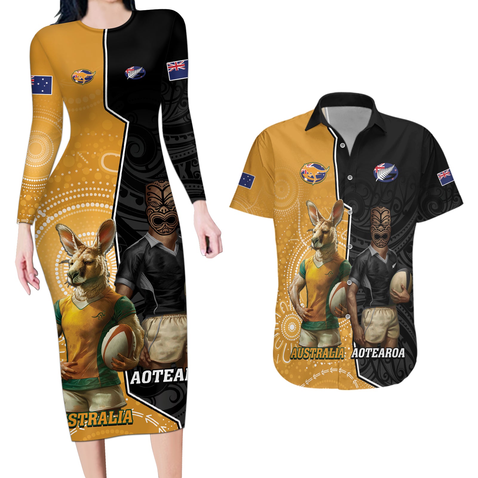 Personalised New Zealand And Australia Rugby Couples Matching Long Sleeve Bodycon Dress and Hawaiian Shirt 2024 All Black Wallabies Mascots Together