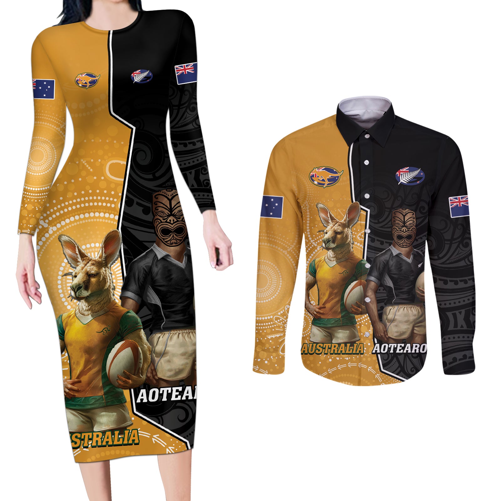 Personalised New Zealand And Australia Rugby Couples Matching Long Sleeve Bodycon Dress and Long Sleeve Button Shirt 2024 All Black Wallabies Mascots Together