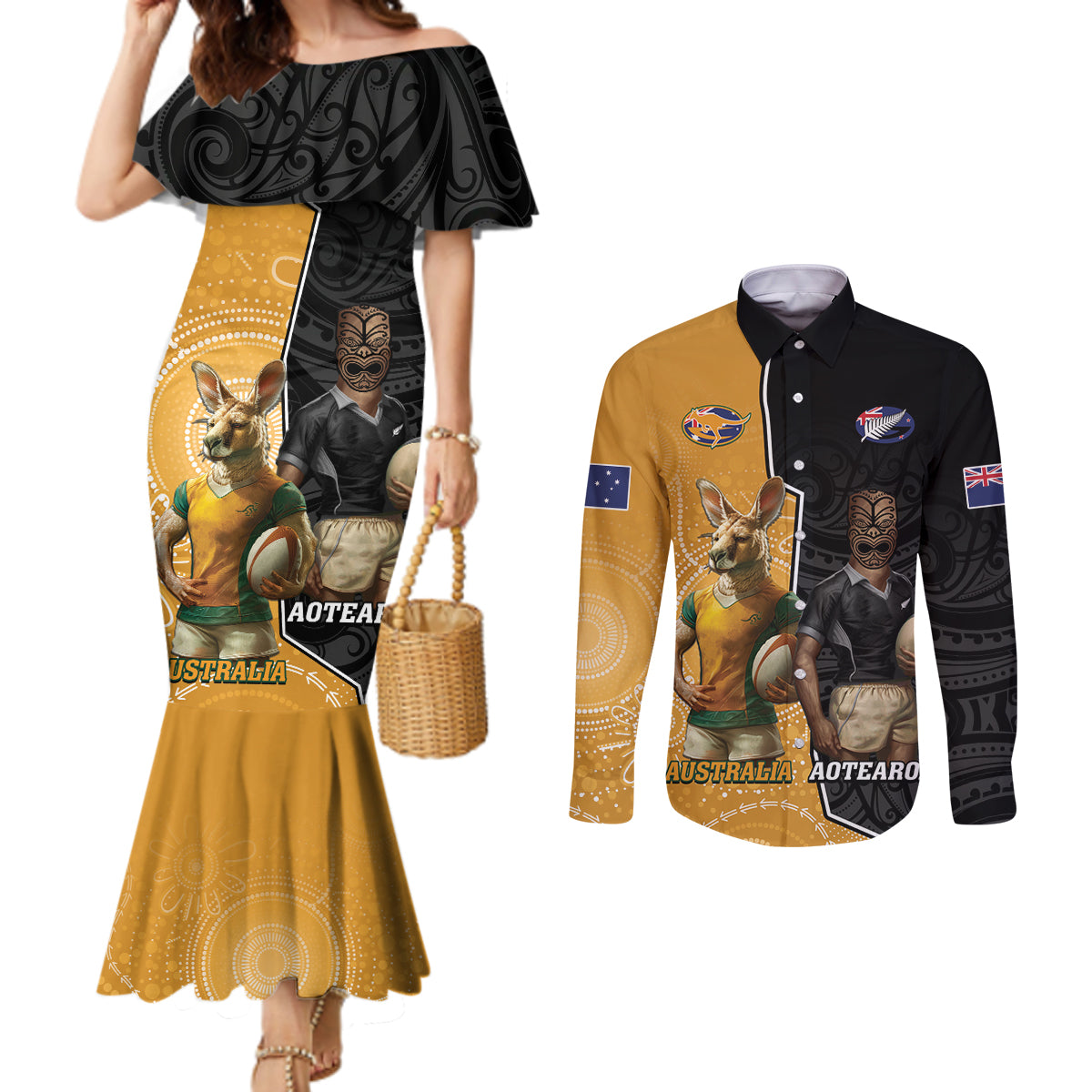 Personalised New Zealand And Australia Rugby Couples Matching Mermaid Dress and Long Sleeve Button Shirt 2024 All Black Wallabies Mascots Together