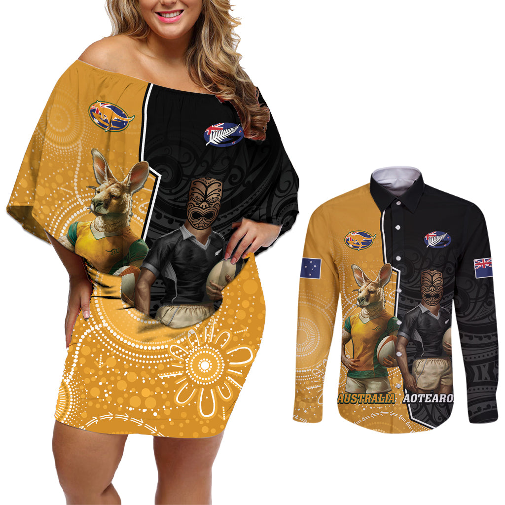 Personalised New Zealand And Australia Rugby Couples Matching Off Shoulder Short Dress and Long Sleeve Button Shirt 2024 All Black Wallabies Mascots Together