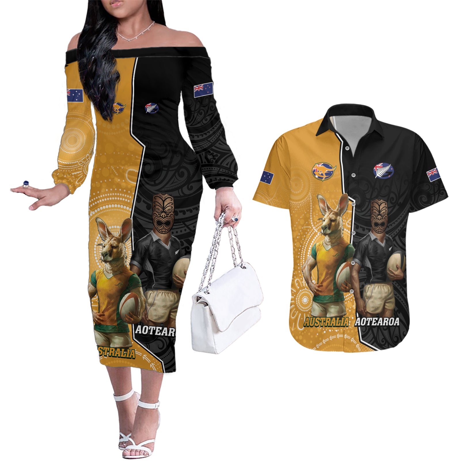 Personalised New Zealand And Australia Rugby Couples Matching Off The Shoulder Long Sleeve Dress and Hawaiian Shirt 2024 All Black Wallabies Mascots Together