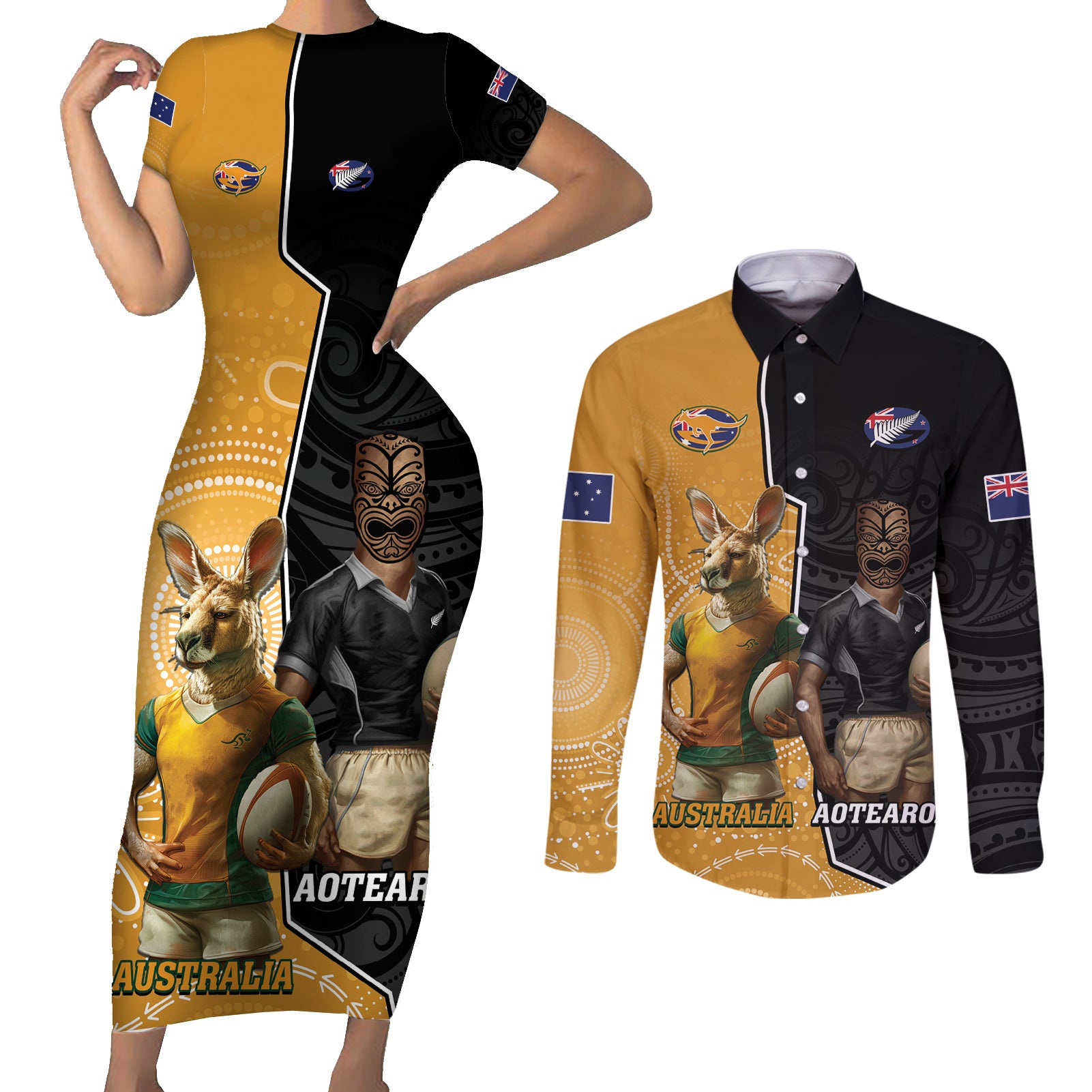 Personalised New Zealand And Australia Rugby Couples Matching Short Sleeve Bodycon Dress and Long Sleeve Button Shirt 2024 All Black Wallabies Mascots Together