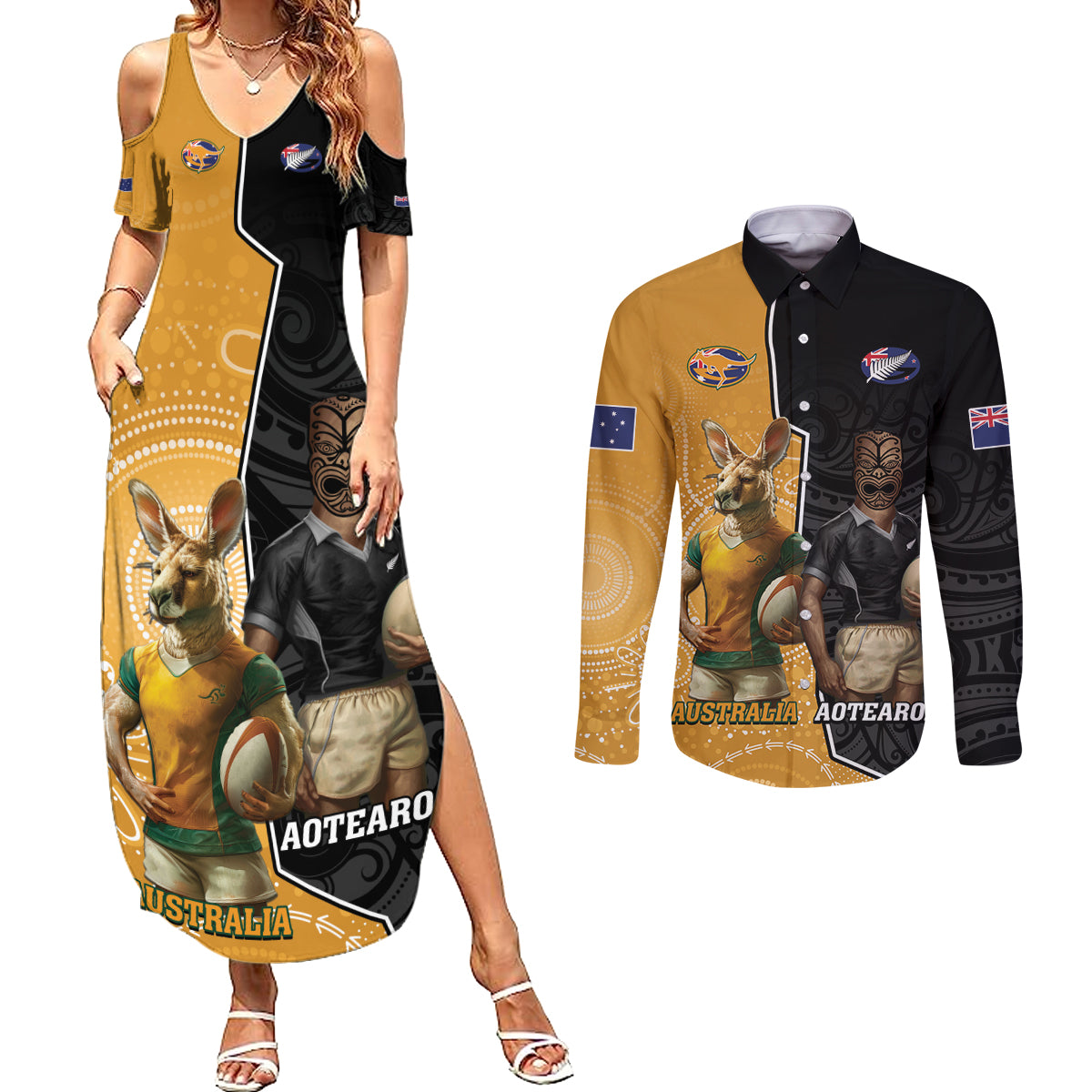 Personalised New Zealand And Australia Rugby Couples Matching Summer Maxi Dress and Long Sleeve Button Shirt 2024 All Black Wallabies Mascots Together