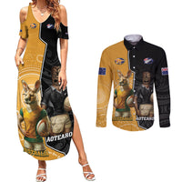 Personalised New Zealand And Australia Rugby Couples Matching Summer Maxi Dress and Long Sleeve Button Shirt 2024 All Black Wallabies Mascots Together