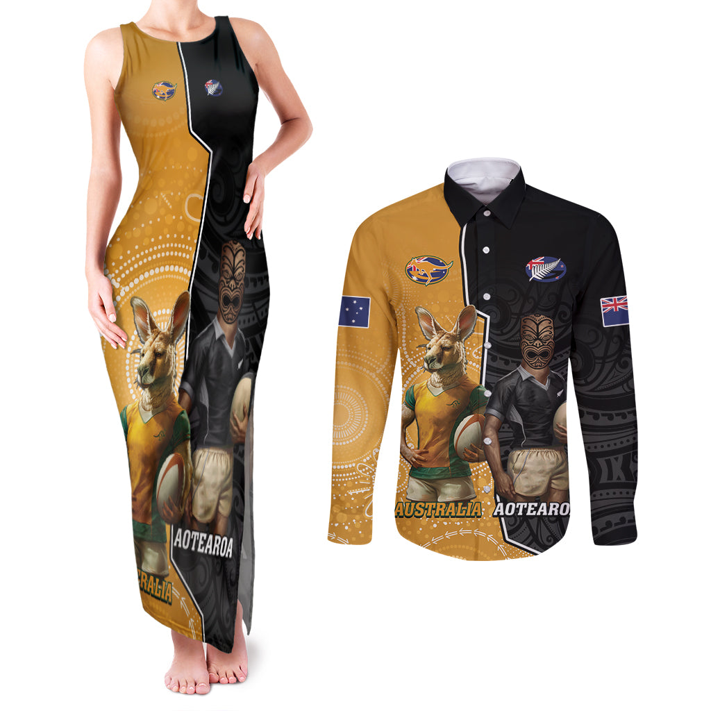 Personalised New Zealand And Australia Rugby Couples Matching Tank Maxi Dress and Long Sleeve Button Shirt 2024 All Black Wallabies Mascots Together