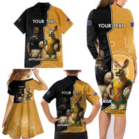 Personalised New Zealand And Australia Rugby Family Matching Long Sleeve Bodycon Dress and Hawaiian Shirt 2024 All Black Wallabies Mascots Together
