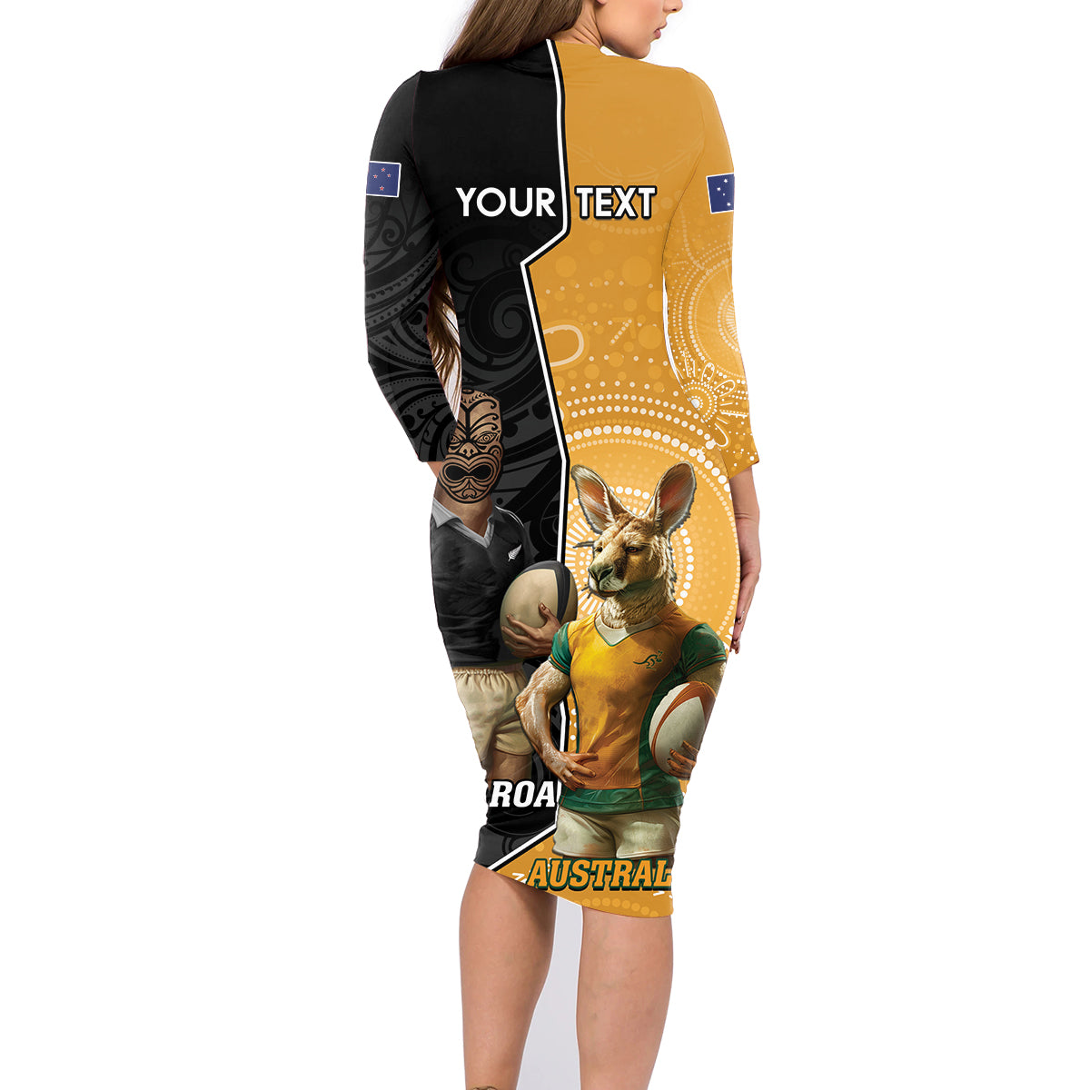 Personalised New Zealand And Australia Rugby Family Matching Long Sleeve Bodycon Dress and Hawaiian Shirt 2024 All Black Wallabies Mascots Together
