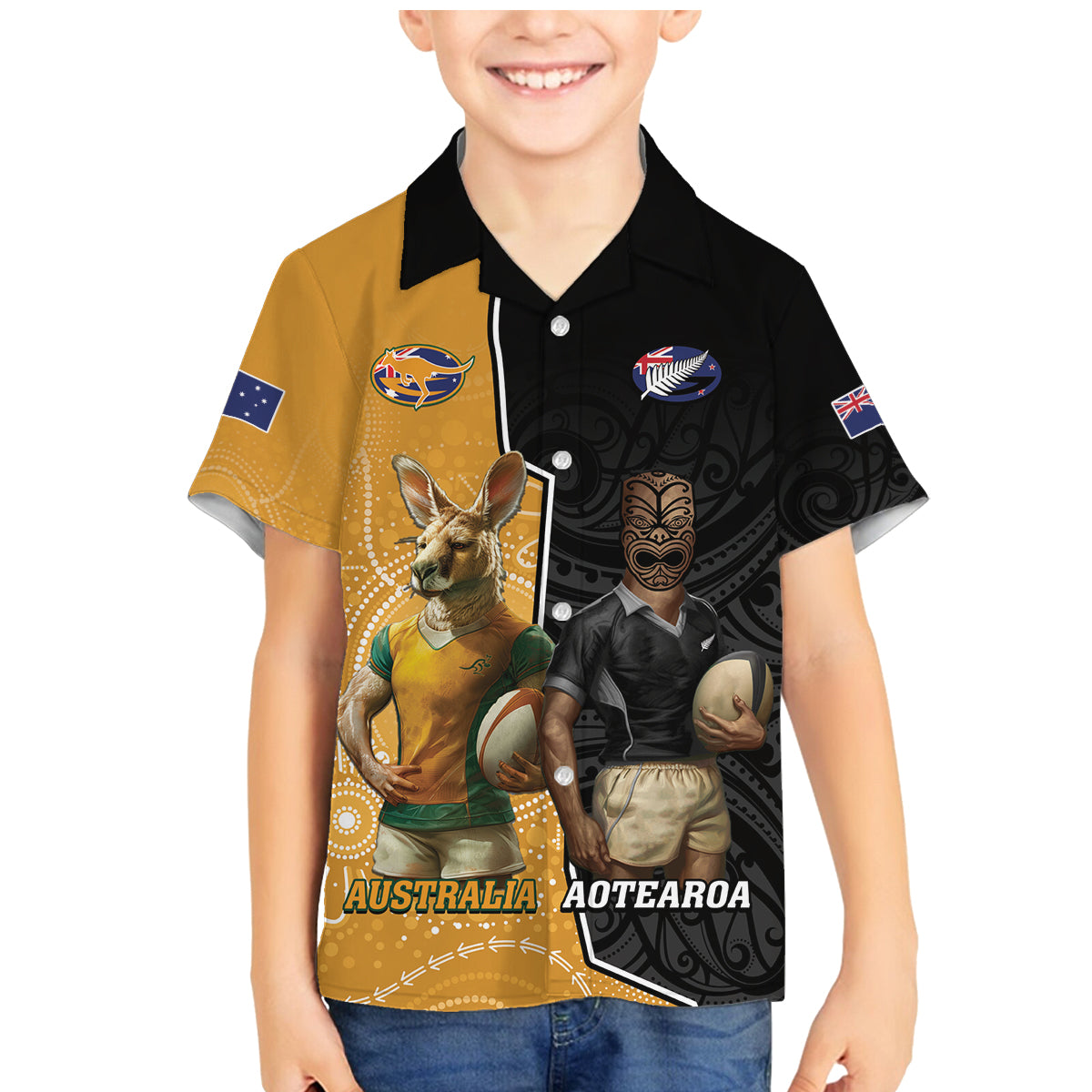 Personalised New Zealand And Australia Rugby Family Matching Mermaid Dress and Hawaiian Shirt 2024 All Black Wallabies Mascots Together
