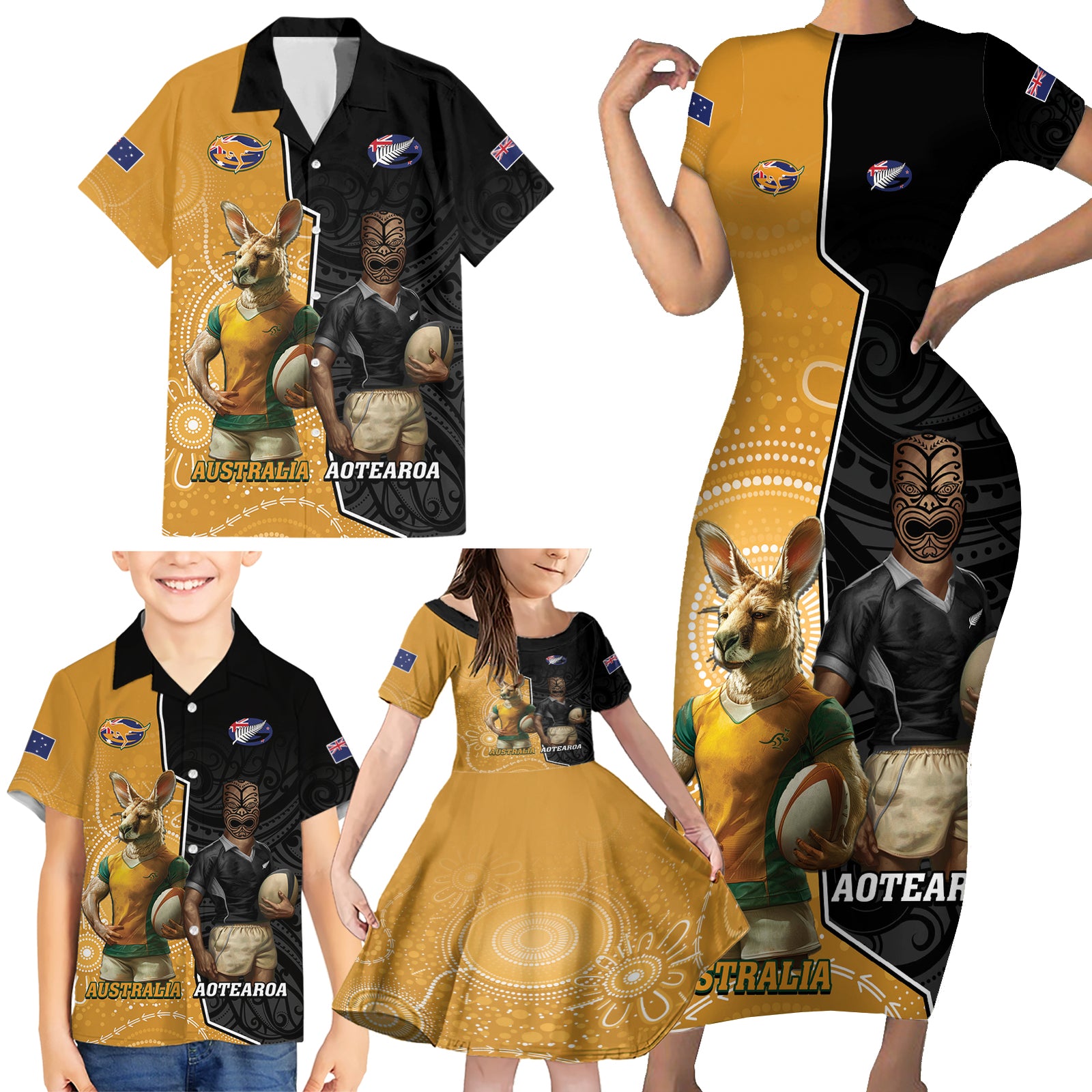 Personalised New Zealand And Australia Rugby Family Matching Short Sleeve Bodycon Dress and Hawaiian Shirt 2024 All Black Wallabies Mascots Together LT14 - Polynesian Pride