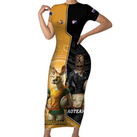 Personalised New Zealand And Australia Rugby Family Matching Short Sleeve Bodycon Dress and Hawaiian Shirt 2024 All Black Wallabies Mascots Together