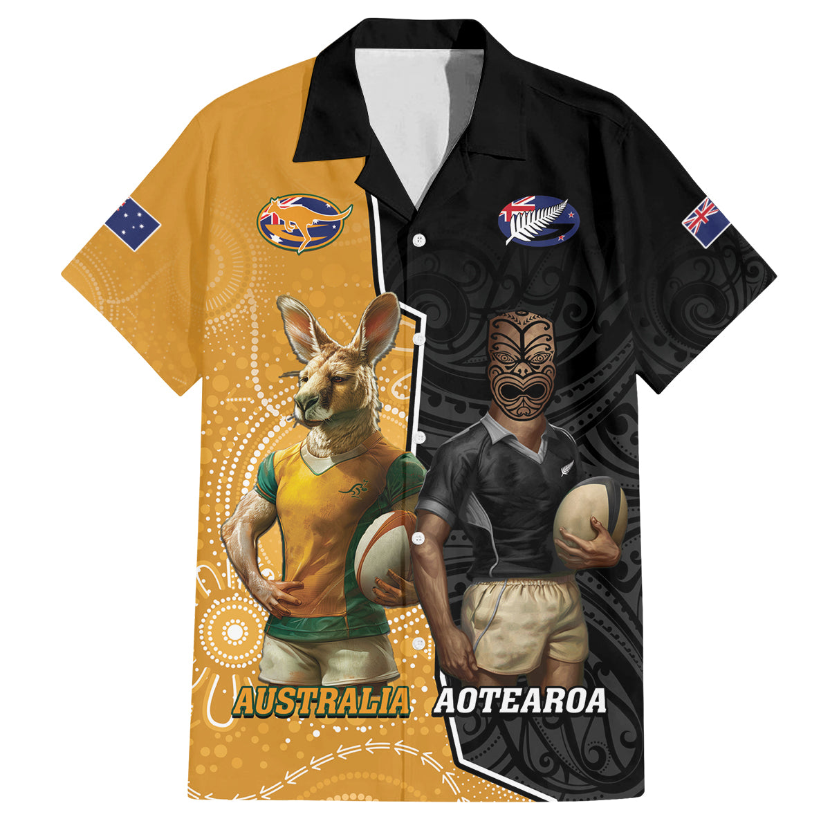 Personalised New Zealand And Australia Rugby Family Matching Tank Maxi Dress and Hawaiian Shirt 2024 All Black Wallabies Mascots Together