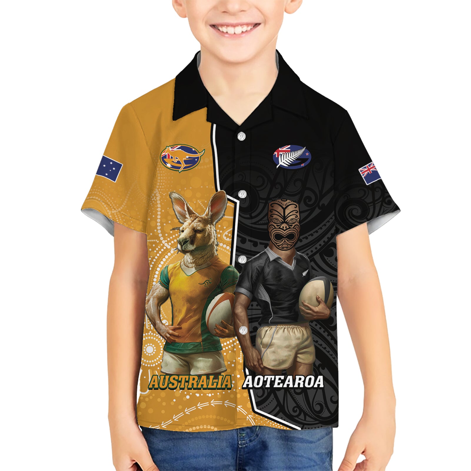 Personalised New Zealand And Australia Rugby Kid Hawaiian Shirt 2024 All Black Wallabies Mascots Together