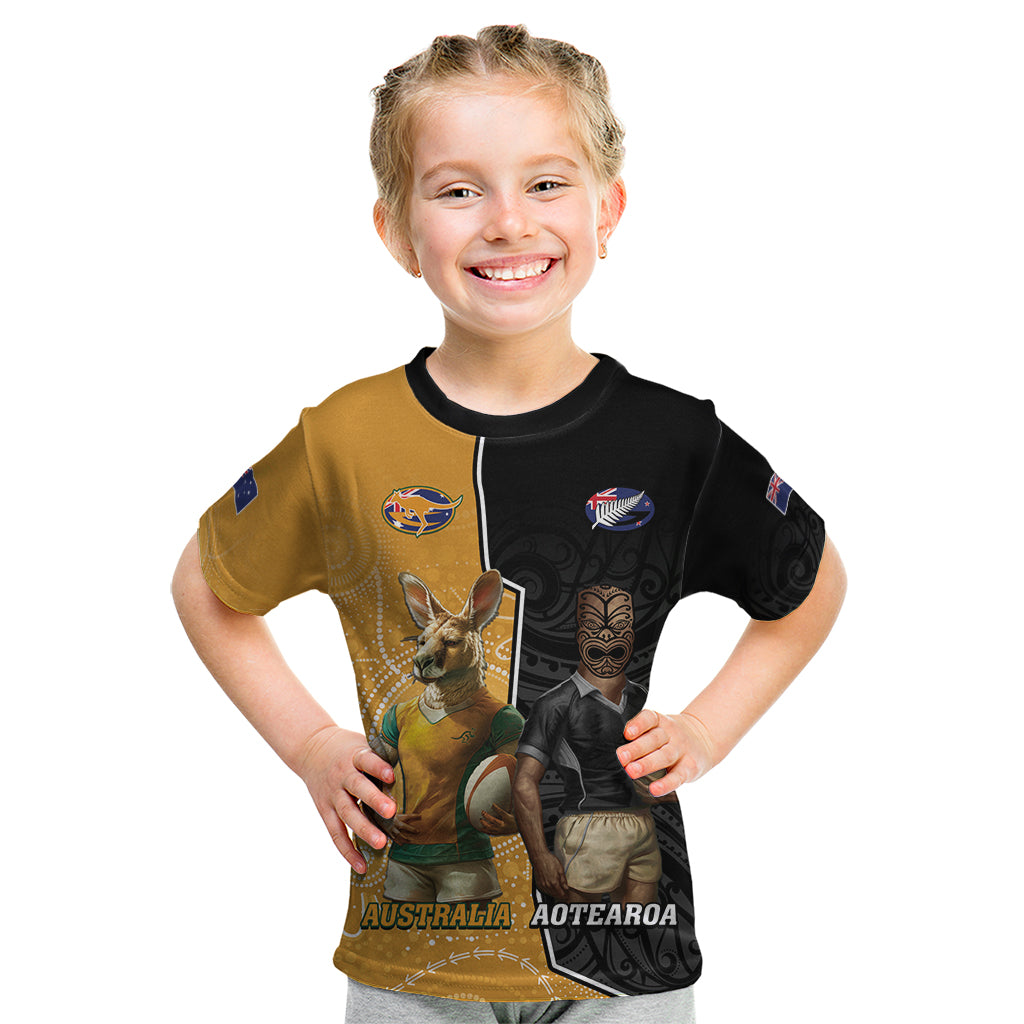 Personalised New Zealand And Australia Rugby Kid T Shirt 2024 All Black Wallabies Mascots Together