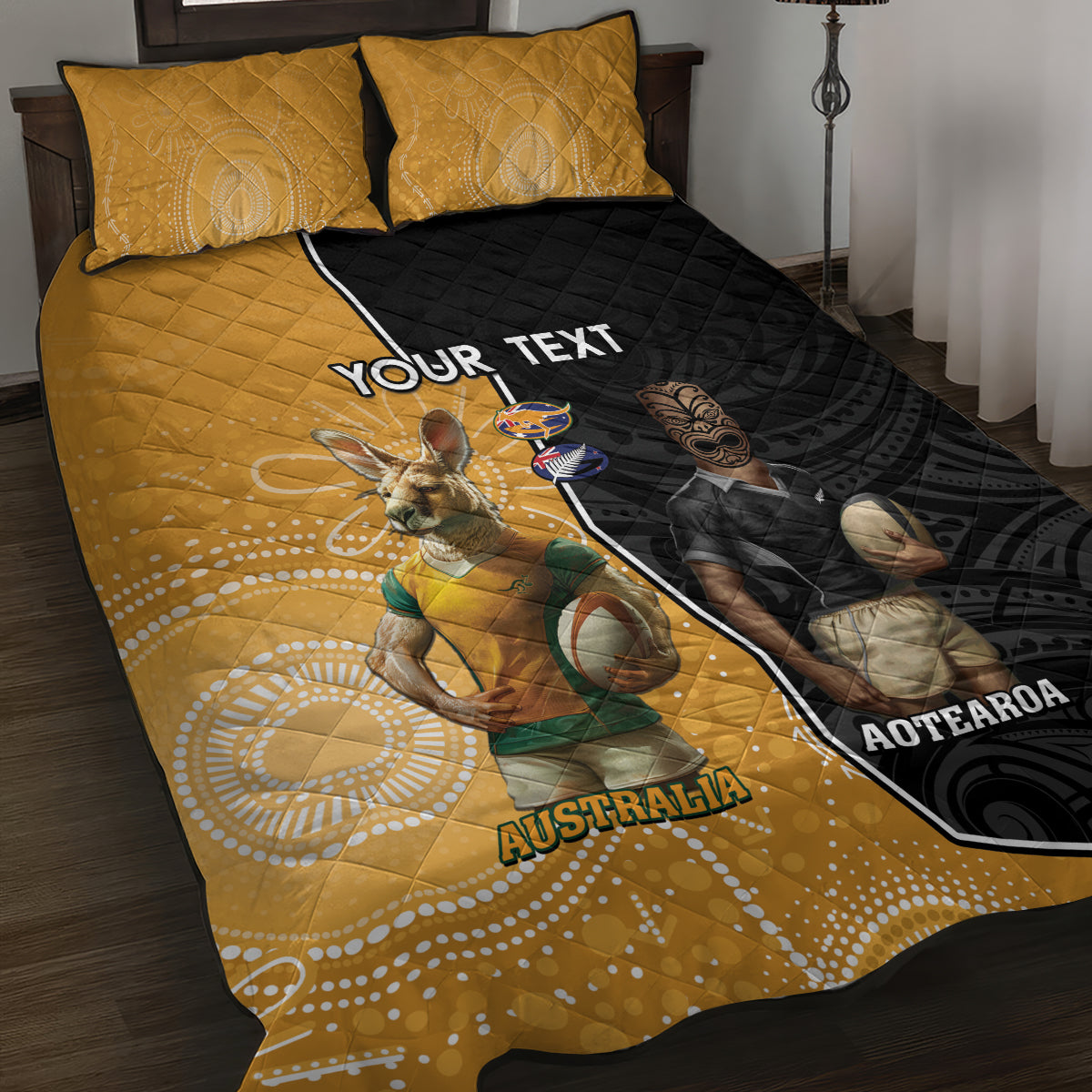 Personalised New Zealand And Australia Rugby Quilt Bed Set 2024 All Black Wallabies Mascots Together