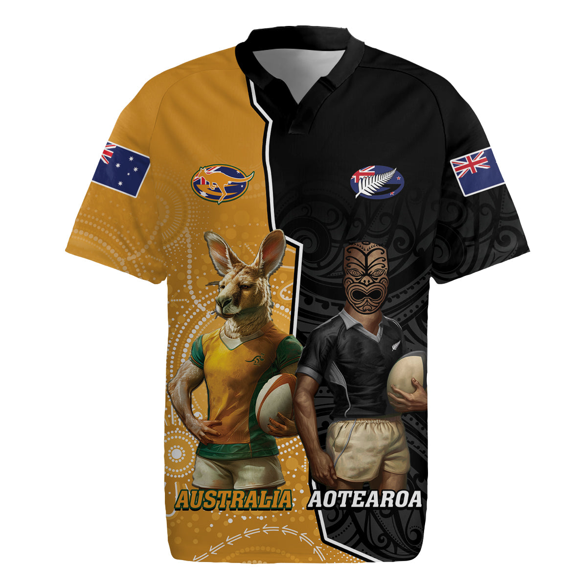 Personalised New Zealand And Australia Rugby Rugby Jersey 2024 All Black Wallabies Mascots Together