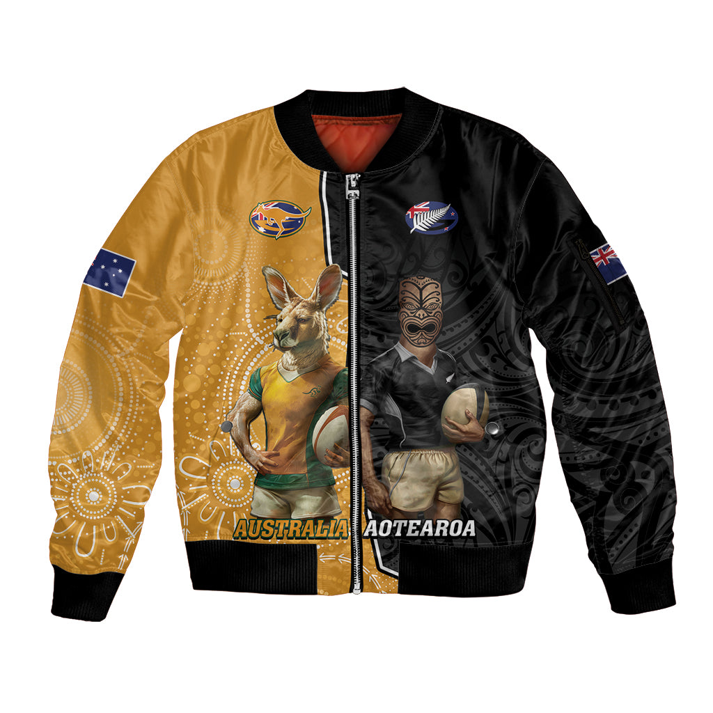 Personalised New Zealand And Australia Rugby Sleeve Zip Bomber Jacket 2024 All Black Wallabies Mascots Together