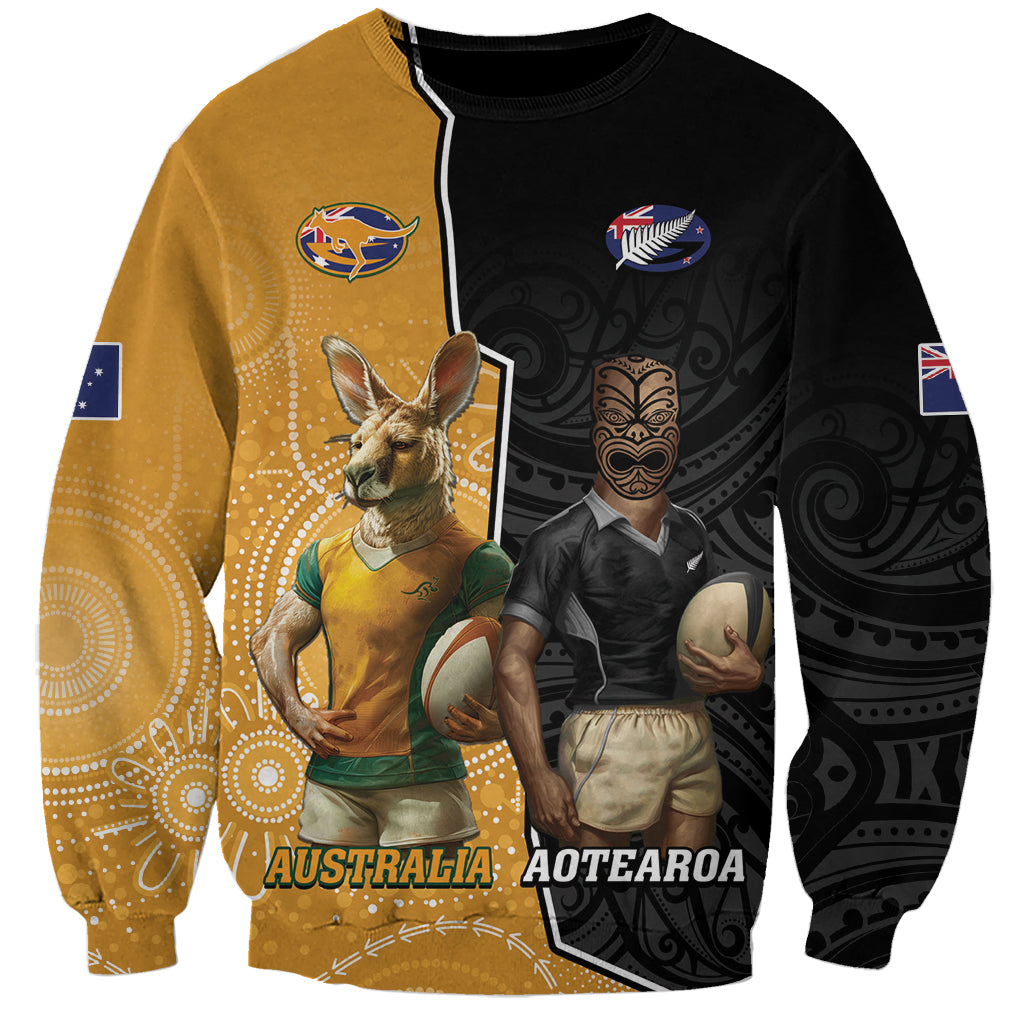 Personalised New Zealand And Australia Rugby Sweatshirt 2024 All Black Wallabies Mascots Together