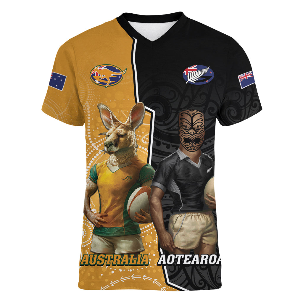 Personalised New Zealand And Australia Rugby Women V-Neck T-Shirt 2024 All Black Wallabies Mascots Together