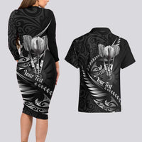 Personalised All Black New Zealand Darts Couples Matching Long Sleeve Bodycon Dress and Hawaiian Shirt Aoteroa Fern Maori Galaxy Style
