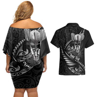 Personalised All Black New Zealand Darts Couples Matching Off Shoulder Short Dress and Hawaiian Shirt Aoteroa Fern Maori Galaxy Style