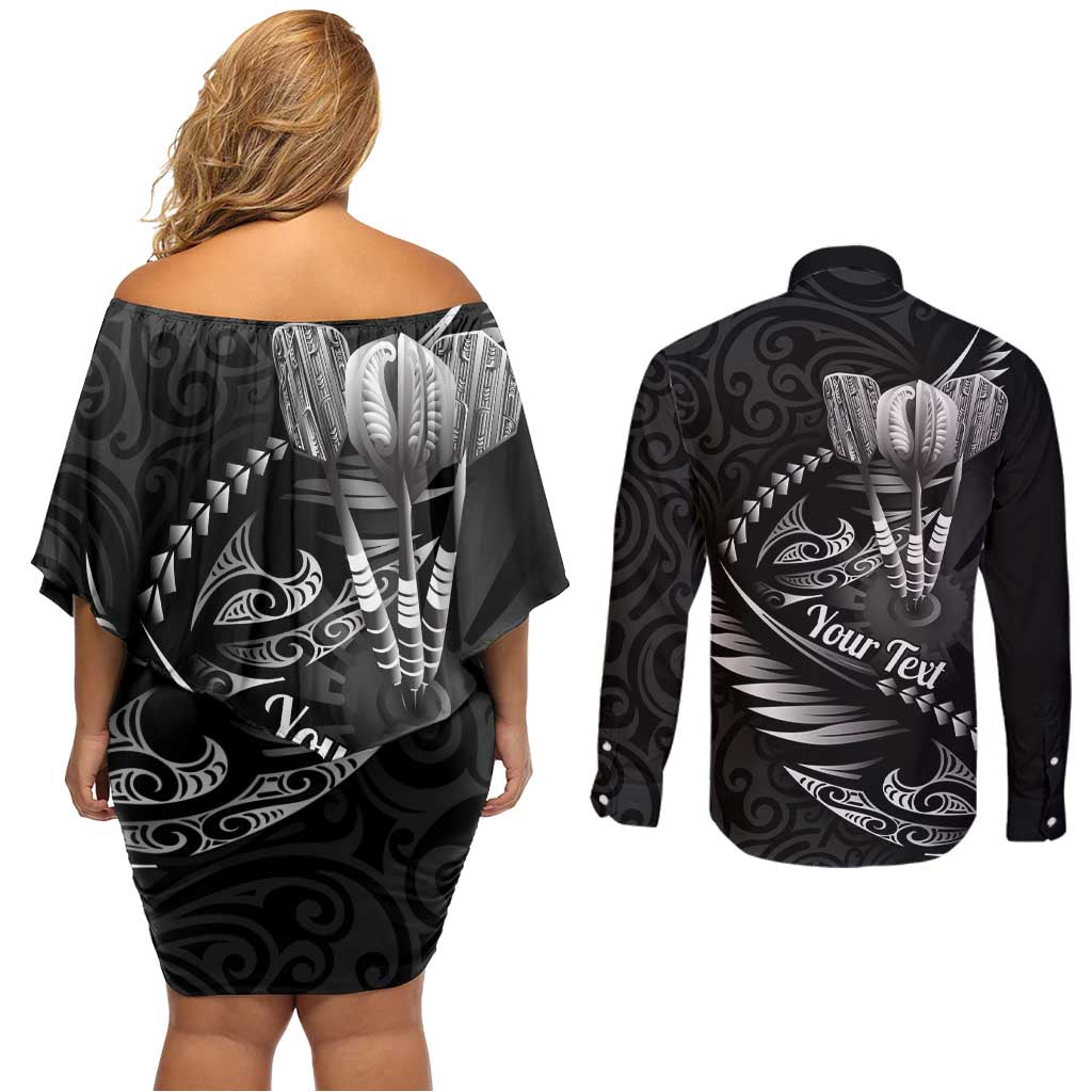 Personalised All Black New Zealand Darts Couples Matching Off Shoulder Short Dress and Long Sleeve Button Shirt Aoteroa Fern Maori Galaxy Style