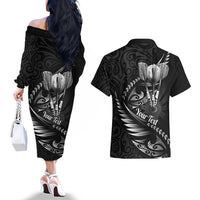 Personalised All Black New Zealand Darts Couples Matching Off The Shoulder Long Sleeve Dress and Hawaiian Shirt Aoteroa Fern Maori Galaxy Style