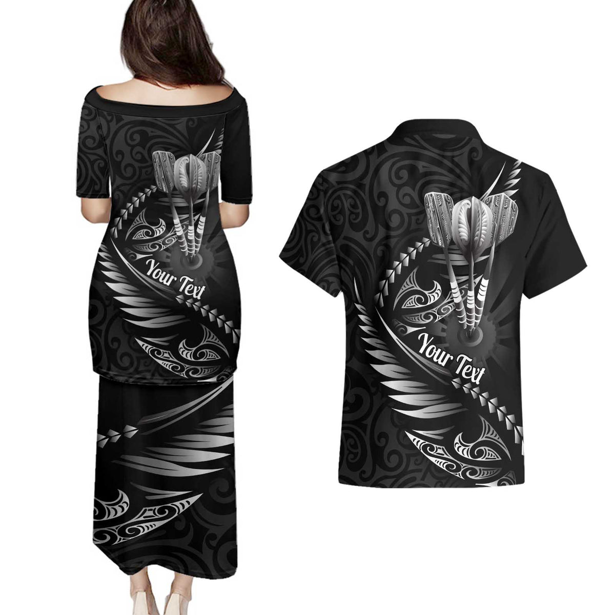 Personalised All Black New Zealand Darts Couples Matching Puletasi and Hawaiian Shirt Aoteroa Fern Maori Galaxy Style
