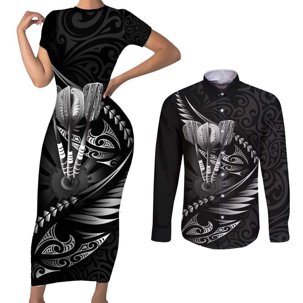 Personalised All Black New Zealand Darts Couples Matching Short Sleeve Bodycon Dress and Long Sleeve Button Shirt Aoteroa Fern Maori Galaxy Style